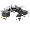 Solid As A Rock L Shaped Desk With Blue And Gold Finishes Heavy Duty Executive Computer Table Workhorse For Modern Home Office Setup Featuring Deep Drawer And Level Base dimensions shown from above with desk and chair.