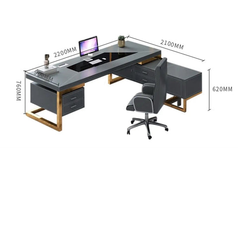 Solid As A Rock L Shaped Desk With Blue And Gold Finishes Heavy Duty Executive Computer Table Workhorse For Modern Home Office Setup Featuring Deep Drawer And Level Base dimensions shown from above with desk and chair.