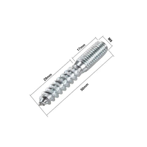 Heavy Duty M8 Double Head Hanger Bolts, 2 Inch Zinc Plated Lag Screws with measurements displayed, ideal for sturdy furniture leg mounting.