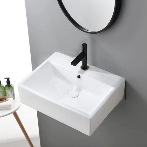 Rectangular Wall Mount Vessel Sink for Bathroom 21x16 White Porcelain Ceramic Above Counter Vanity Lavatory Basin With Single Faucet Hole