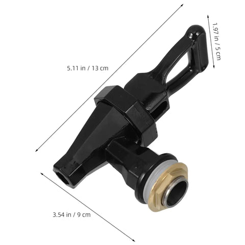Heavy Duty Black Plastic Cooler Faucet And Reusable Spigot Tap With Leak Proof Seal For Water Buckets Party Coolers Beverage Dispenser showing detailed dimensions.