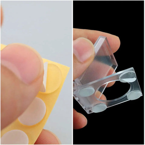 Close-up of a transparent Push Button Cover Kit 4 Pack Easy Install 16mm Adhesive Flat Switch Guards with double-sided pellets