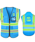 Fresh High Visibility Safety Vest With Custom Logo Design And Front Zipper Featuring Glow In The Dark Reflective Tape For Construction Job Sites And Road Crews, blue and yellow with pockets.