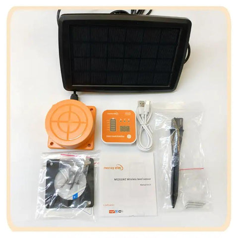 Smart WiFi Water Level Sensor For Tanks And Oil Tanks Remote Alarm With Tuya Smart Life App Control IP65 Waterproof Ultrasonic Tank Gauge Supports Up To 10 Sensors on display including accessories.