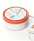 Compact Portable Mini Washer With Built In Spin Basket For Dorms Rvs And College Living Gentle Rotating Drum, white and orange design.