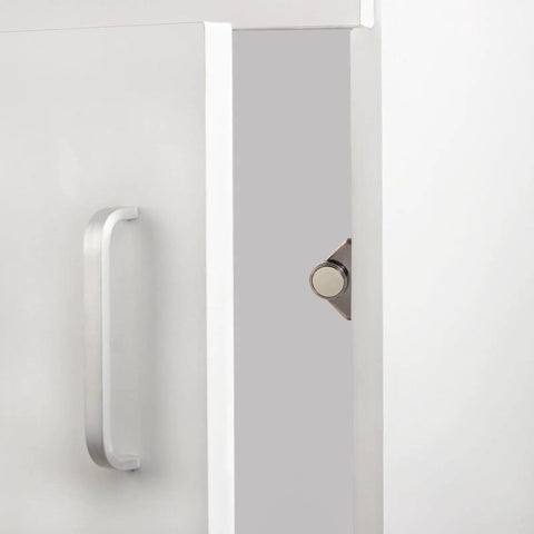 Cabinet door with Four Pack Cabinet Door Magnetic Catches With Strong Magnets For Secure Quiet Closures installed on edge.