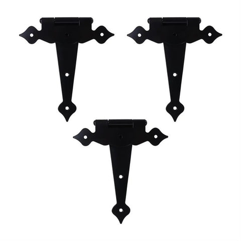 Heavy Duty Black T Shaped Door Hinges Decorative Flower Strap Design For Barn Doors And Outdoor Fences, set of three.