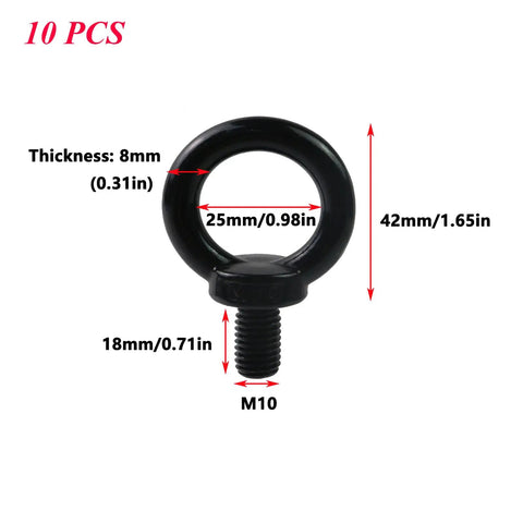 Workhorse M10 Shoulder Lifting Eye Bolts 10 Pack Stainless Steel with dimensions 42mm height and 25mm diameter for rigging jobs.
