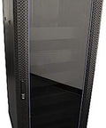 Top Shelf Floor Standing Server Rack Enclosure In Matte Black, heavy-duty with glass door, supports 1760 lbs for secure equipment storage.