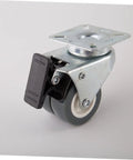 Built Tough Heavy Duty Twin Caster Wheels With Locking Brake 360 Degree Swiveling Premium Furniture Rollers For Cart Workbench Buttery Smooth Glide close-up showing iron mounting plate and dual rubber rollers.