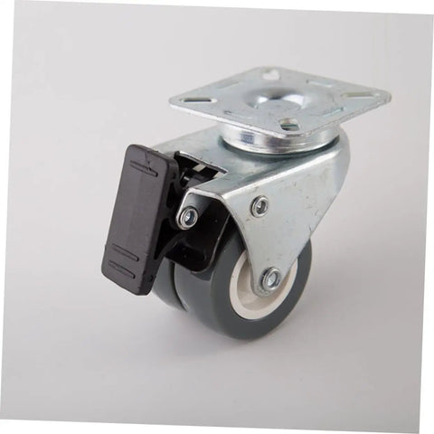 Built Tough Heavy Duty Twin Caster Wheels With Locking Brake 360 Degree Swiveling Premium Furniture Rollers For Cart Workbench Buttery Smooth Glide close-up showing iron mounting plate and dual rubber rollers.