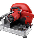 14 Inch Abrasive Cut Off Machine With 15 Amp Motor Delivers Up To 4 HP For Fast Metal Cuts, front view, red and gray design