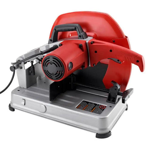 14 Inch Abrasive Cut Off Machine With 15 Amp Motor Delivers Up To 4 HP For Fast Metal Cuts, front view, red and gray design