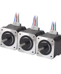Three black NEMA 17 stepper motors with 39mm bodies and silver front plates, 4-wire cables.