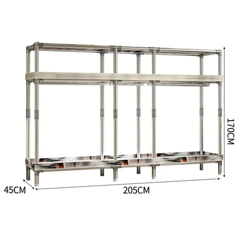 Portable Closet Wardrobe With Grey Non Woven Cover Kick The Clutter Down The Road And Keep Your Threads Securely Tucked Away In This Smart Bedroom Organizer With Three Hanging Rods And Generous Shelving Units, showing steel tubing frame with dimensions 205CM x 170CM x 45CM.