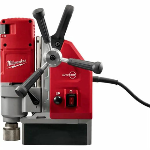 Top Tier Certified Refurbished Magnetic Drill Press Kit Built Different With A Rock Solid Kinematic Base and One Five Eighth Inch Bit Capacity For Crushing Thick Steel Plates Like Paper Smooth Operator Tool Set close up of drill press with controls and magnetic base