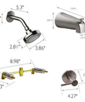 Eastport Two-Handle Tub And Shower Faucet In Satin Nickel, DIY Friendly, showing dimensions of showerhead, valve, spout, handles.