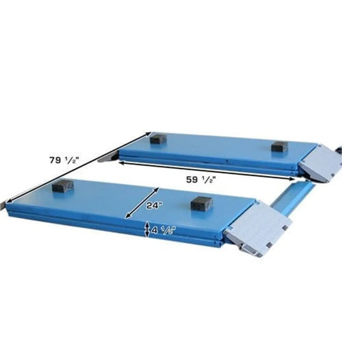 Shop Beast Commercial Scissors Lift, 9000 Lb Auto Garage Hoist, Air Powered Floor Jack, adjustable width blue platform with rubber pads.