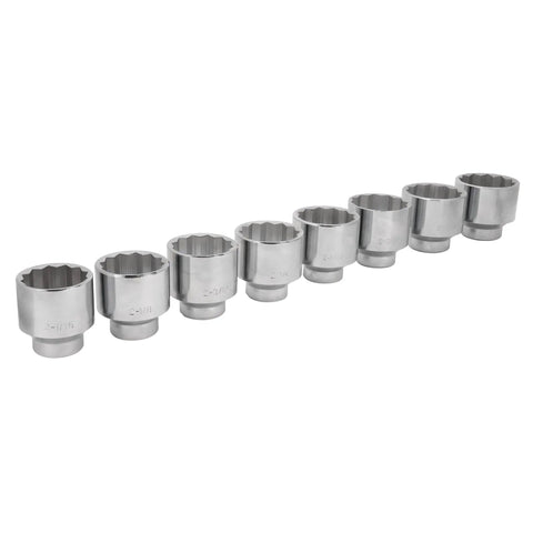 Beefy 9-Piece 3/4 Inch Drive Jumbo Socket Set With Extra Large SAE Sizes Ranging From 2 1/16 To 2 1/2 Inches displayed in a row