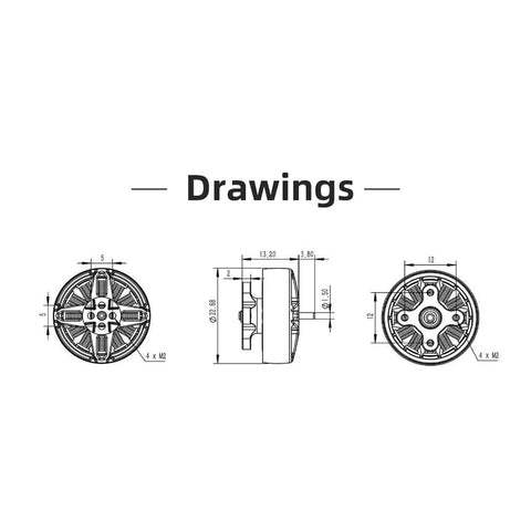Technical drawings of Specter 1804-3500KV 4S Brushless Motor for 3-3.5 inch FPV freestyle drones showing dimensions and design