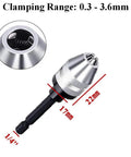 Mini Drill Chuck Adapter Keyless Quick Release One Quarter Hex Shank converts cordless screwdriver; silver metal; clamping range 0.3-3.6mm.
