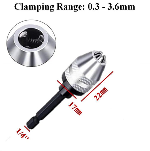 Mini Drill Chuck Adapter Keyless Quick Release One Quarter Hex Shank converts cordless screwdriver; silver metal; clamping range 0.3-3.6mm.