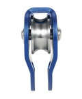 Front view of blue aluminum Tandem Trolley Zip Line Pulley For Mountaineering And Backyard Zip Line Setups with stainless bearings.
