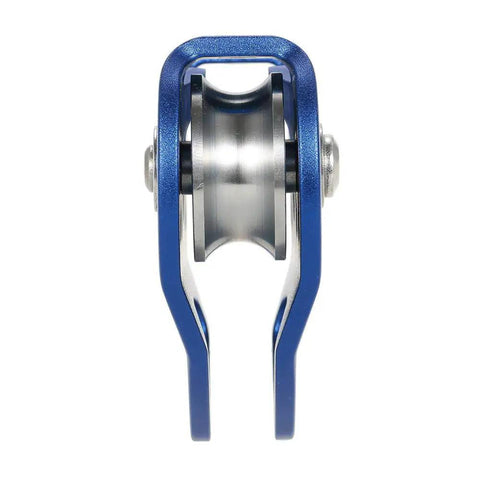 Front view of blue aluminum Tandem Trolley Zip Line Pulley For Mountaineering And Backyard Zip Line Setups with stainless bearings.