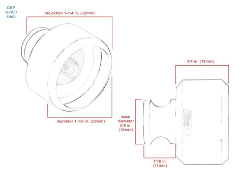 Diagram of G100 Brand Elegance Glass Collection Clear Glass Knob with dimensions and polished nickel base details