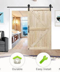 Unfinished Knotty Barn Door 42 By 84 Inches With Classic British Brace Solid Spruce Wood Double Sided Surface Panels Includes 8 Ft Sliding Door Hardware Kit Simple Assembly Ready To Stain Or Paint in modern interior