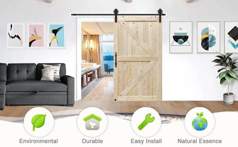 Unfinished Knotty Barn Door 42 By 84 Inches With Classic British Brace Solid Spruce Wood Double Sided Surface Panels Includes 8 Ft Sliding Door Hardware Kit Simple Assembly Ready To Stain Or Paint in modern interior