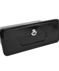 Front view of black plastic marine glove box with lockable lid for boat console.