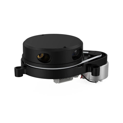 Side view of RPLIDAR X4 Pro 2D Lidar Sensor for 360 Degree Scanning and Robot Navigation, compact and black, with 12Hz scan rate.