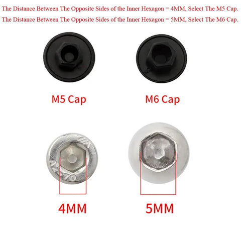 M5 and M6 screw caps and hex bolts comparison, showing 50 Pack M5 and M6 Screw Caps Covers Hex Hole Anti Dust Nylon Locknut Stopper for hexagon Allen socket cap screws.