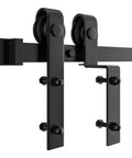 8.2Ft Bypass Sliding Barn Door Hardware Kit For Double Doors With Low Ceiling And Overlapping Tracks In Black Carbon Steel Includes Two Rails Four Rollers Two Door Stops Four Rubber Blocks Four Anti Jump Disks Six Fixed Seats And Installation Manual close-up view of black carbon steel rollers and track.