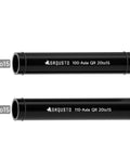 Front 20mm To 15mm Thru Axle Fork Adapter, 100mm and 110mm variants, black alloy, for bike wheels showing axle sizes.