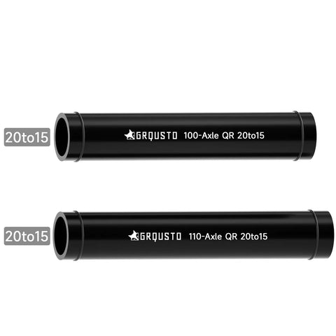 Front 20mm To 15mm Thru Axle Fork Adapter, 100mm and 110mm variants, black alloy, for bike wheels showing axle sizes.
