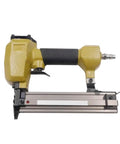 Heavy Duty 18 Gauge Pneumatic Nail Gun With A Slick Soft Grip Handle And Zero Hassle Magazine Loading, close-up view.