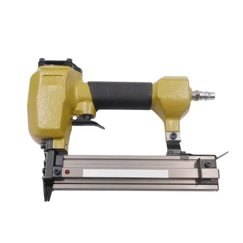 Heavy Duty 18 Gauge Pneumatic Nail Gun With A Slick Soft Grip Handle And Zero Hassle Magazine Loading, close-up view.