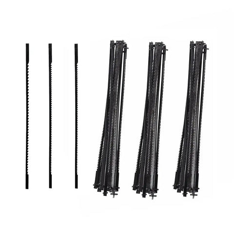 3 Inch Scroll Saw Blades Pin End Set With 15 TPI 18 TPI And 24 TPI 36 Pack For Sears Craftsman Dremel Moto Shop Delta Emco Lux Saws Durable Hobby Saw Blades For Precise Cuts In Wood Plastic Copper And Soft Metals displayed in an organized stack