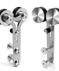 Close-up of Y-shaped stainless steel hangers for 7 Foot Barn Door Hardware Sliding Track Kit In Stainless Steel Heavy Duty For Double Wood Doors With Y Shape Hangers Smooth Quiet Roller Bearings Anti Rust And Corrosion Resistant Supports Up To 220 Lbs Fits Doors Up To 21 Inches Wide.