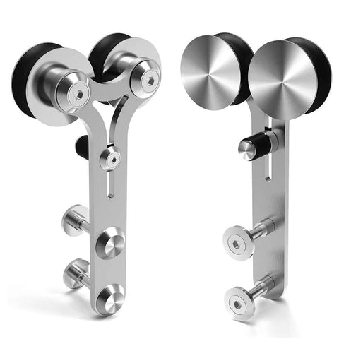 Close-up of Y-shaped stainless steel hangers for 7 Foot Barn Door Hardware Sliding Track Kit In Stainless Steel Heavy Duty For Double Wood Doors With Y Shape Hangers Smooth Quiet Roller Bearings Anti Rust And Corrosion Resistant Supports Up To 220 Lbs Fits Doors Up To 21 Inches Wide.