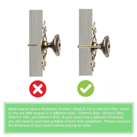 Diagram showing vintage style round drawer knobs for dresser cabinet cupboard wardrobe pull handles with screws pack of 6 golden antique brass retro look ready for easy DIY cabinet makeover, correct and incorrect board thicknesses for screw installation.