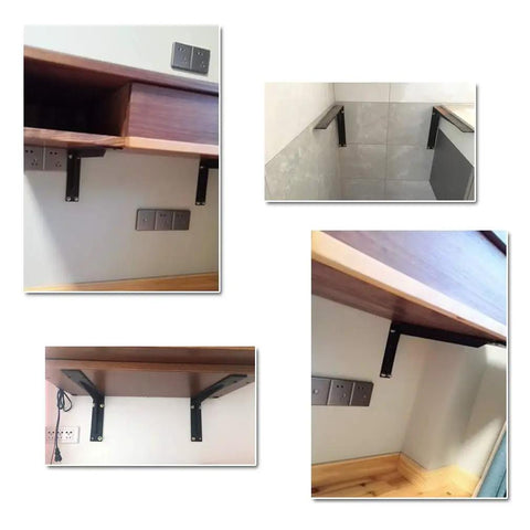 Heavy Duty Wall Mount Floating Shelf Brackets Right Angle Corner Iron L Brackets Rust Resistant Finish installed under wooden shelf