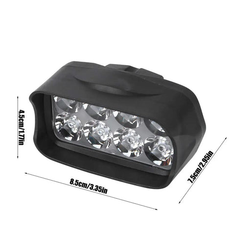 Ultra Bright Universal Headlight 12V To 100V LED Light for E-Bikes, showing dimensions and clear cover design.