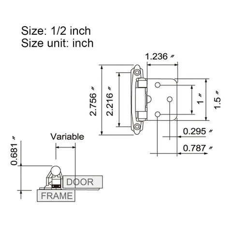 Dimensions diagram of Two Piece Self Closing Spring Cabinet Hinges With Screws For Overlay Flush Cabinets Soft Close Hardware