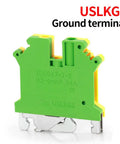 Front view of green USLKG5 DIN rail ground terminal block for industrial control panels, 690V 34A, nylon PA66 housing, nickel plated screws.