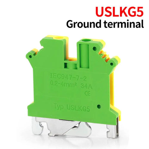 Front view of green USLKG5 DIN rail ground terminal block for industrial control panels, 690V 34A, nylon PA66 housing, nickel plated screws.