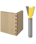 Six Size Dovetail Router Bit Set With 1/4 Inch Shank For Cabinets And Drawers showing joint and tungsten carbide blade
