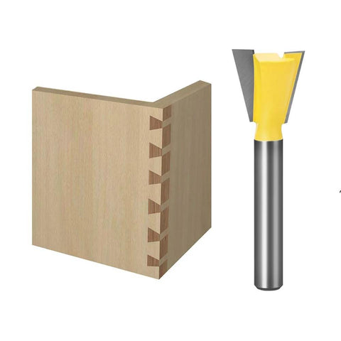 Six Size Dovetail Router Bit Set With 1/4 Inch Shank For Cabinets And Drawers showing joint and tungsten carbide blade